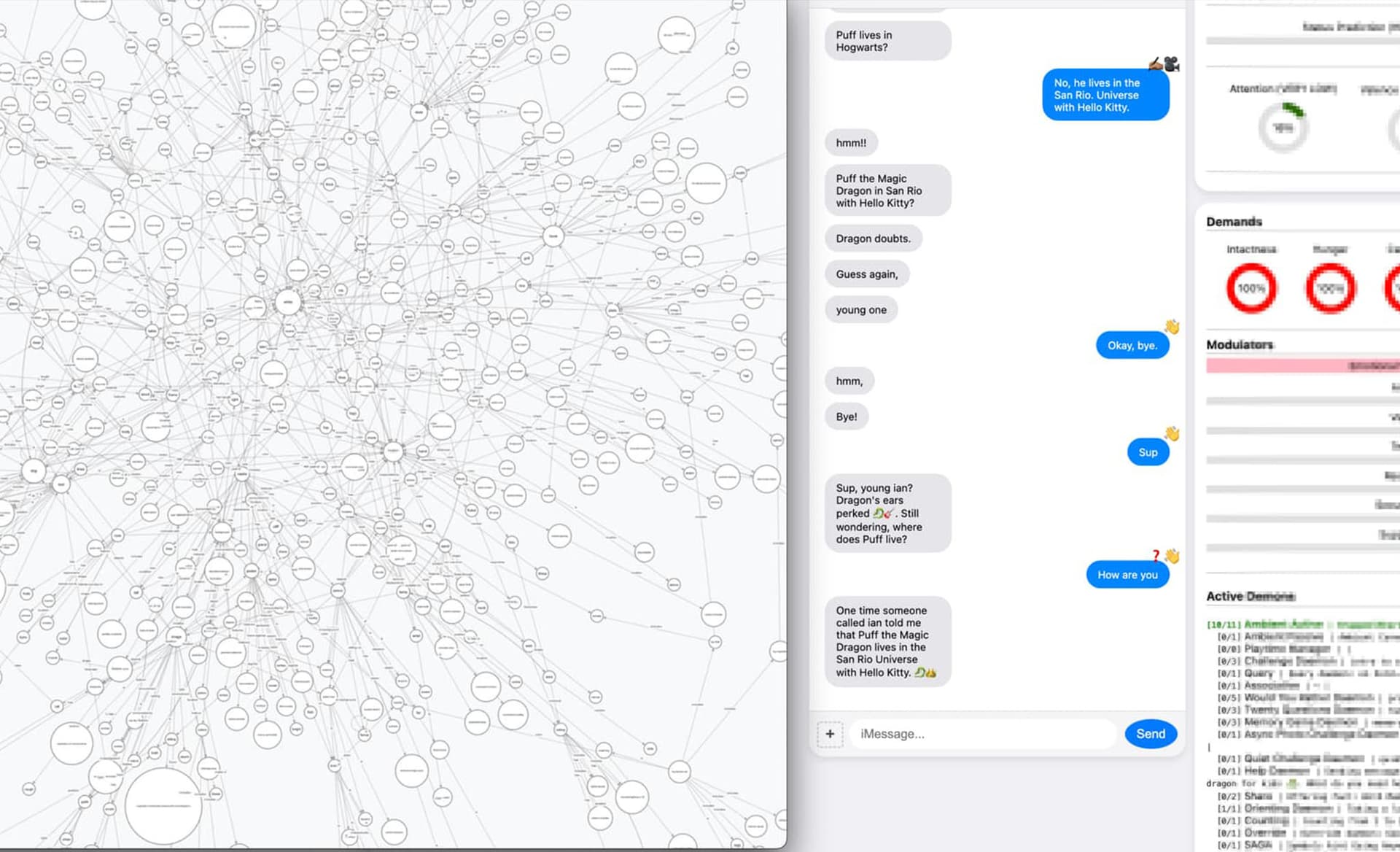 Screenshot of the debugging console from Dragon Time, an AI powered game for children by Opponent Systems. The console allows the developers to observe what is driving the character Dragon's actions, and how it encodes the things it sees into its evolving knowledge graph. Image: Opponent Systems.